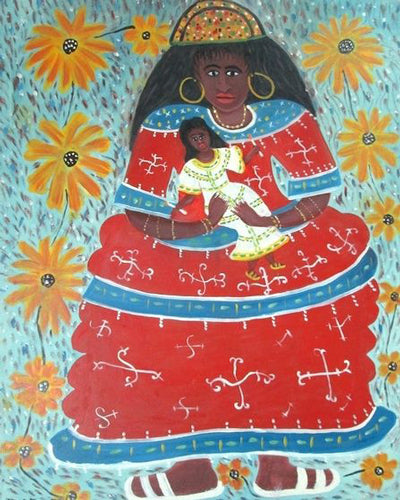 Gerard Fortune Haitian painting naive style vibrant colors spiritual scene