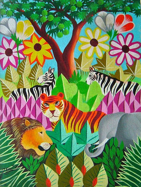 Joel Gauthier Haitian painting jungle scene animals vibrant composition