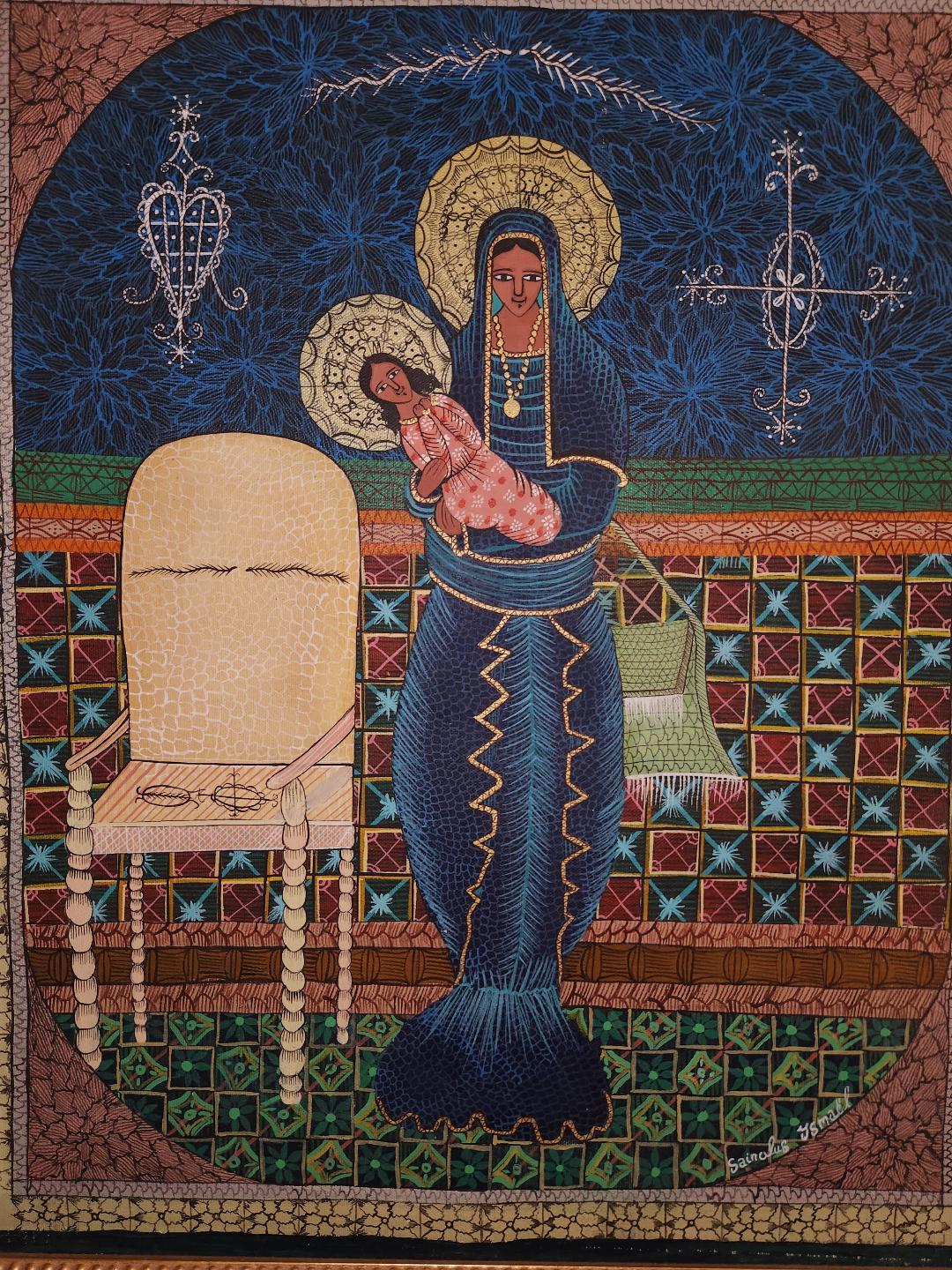 Ismael Saincilus Haitian painting, Madonna figure, intricate line work, Vodou symbolism, vibrant colors, signed, COA included