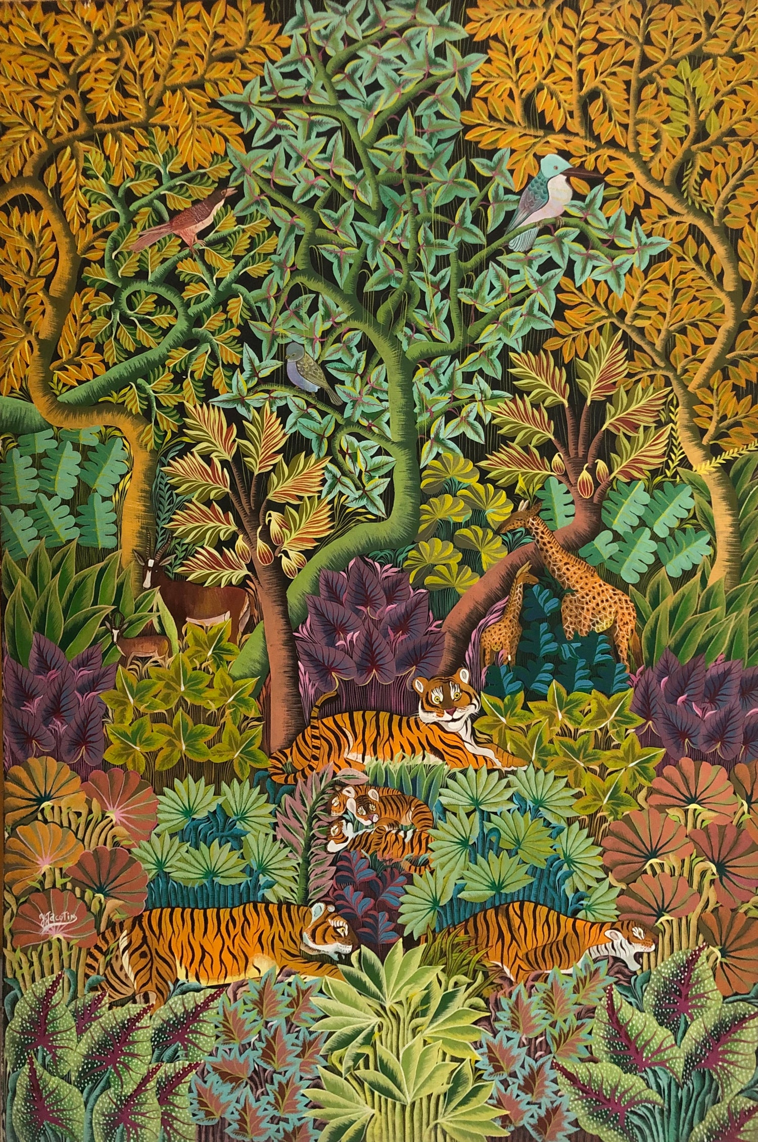 Haitian jungle landscape painting by Yves Jacotin, featuring dense tropical foliage rendered in deep green and dark atmospheric tones.