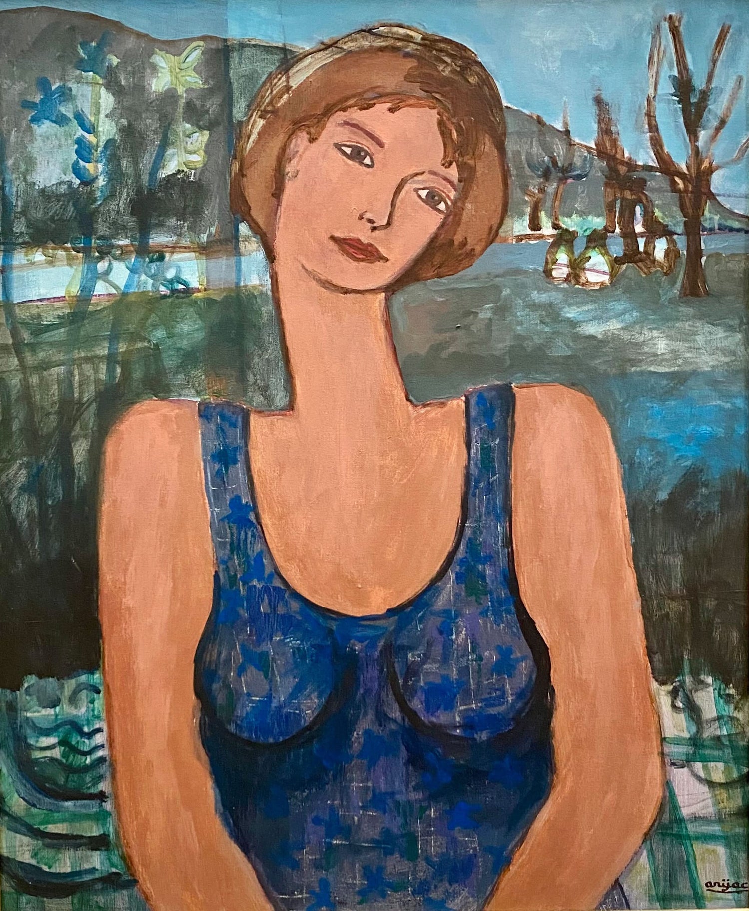 Arijac Haitian acrylic painting with layered wax technique and symbolic architectural composition