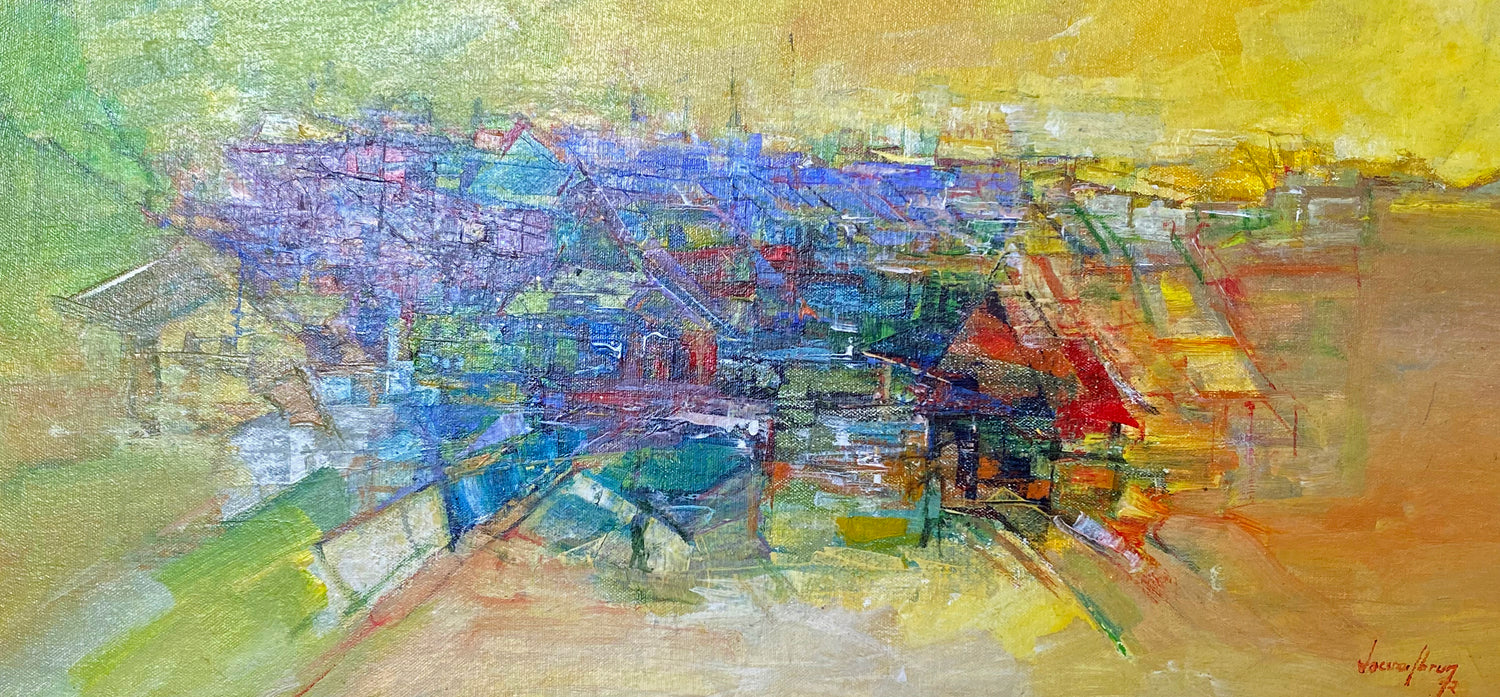 Jacques Valbrun Haitian surrealist painting of urban or marine landscape with vivid colors