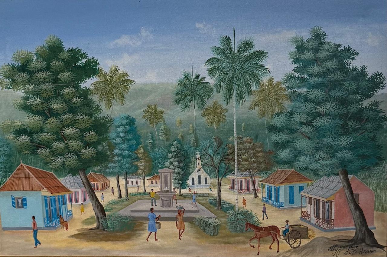 Painting by Eddy Jacques, Cap-Haïtien artist known for fine, delicate lines, understated colors, and scenes of Haitian daily life.