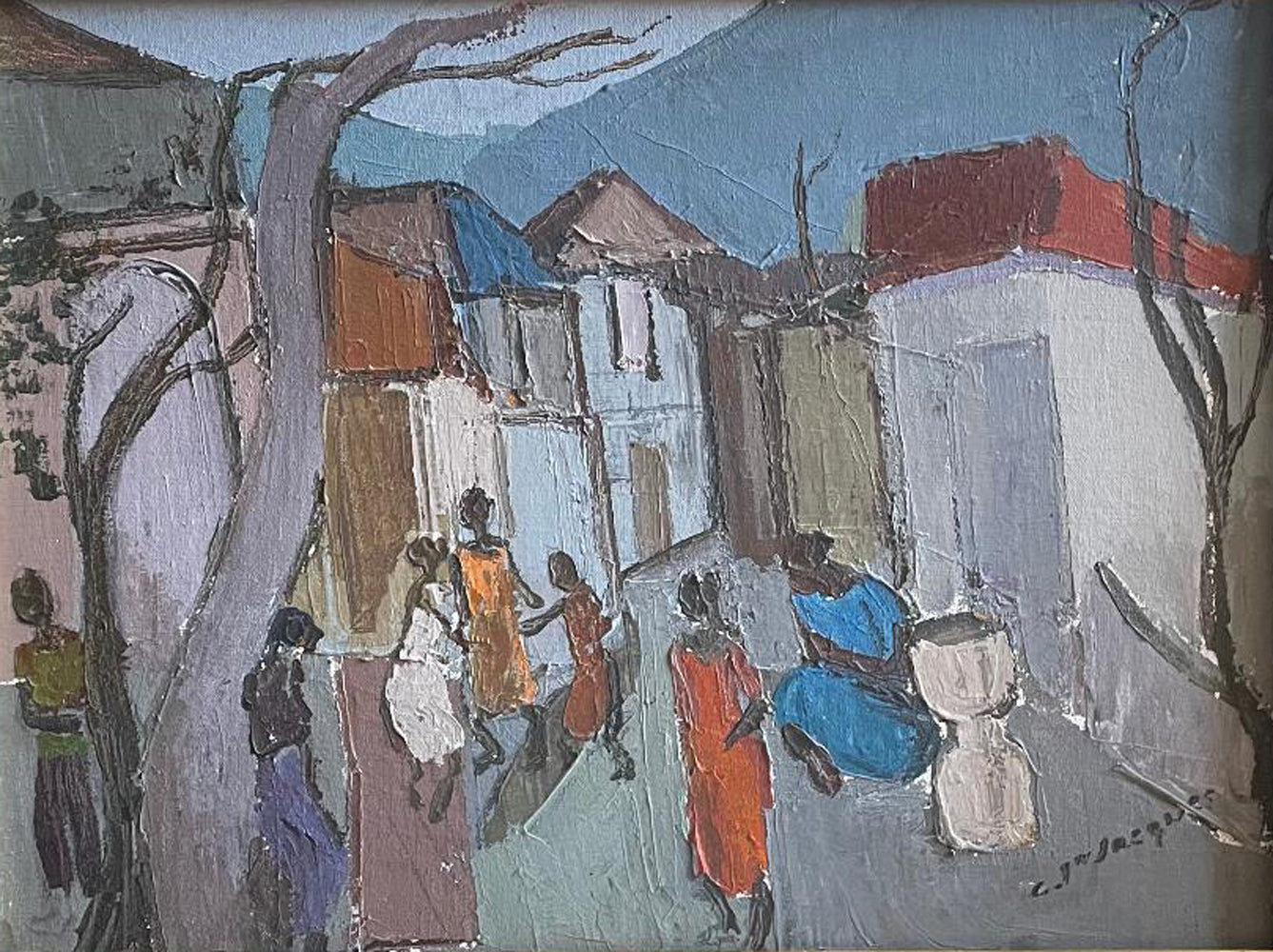 Carlo Jean-Jacques Haitian painting with elongated figures and expressive lines depicting social themes
