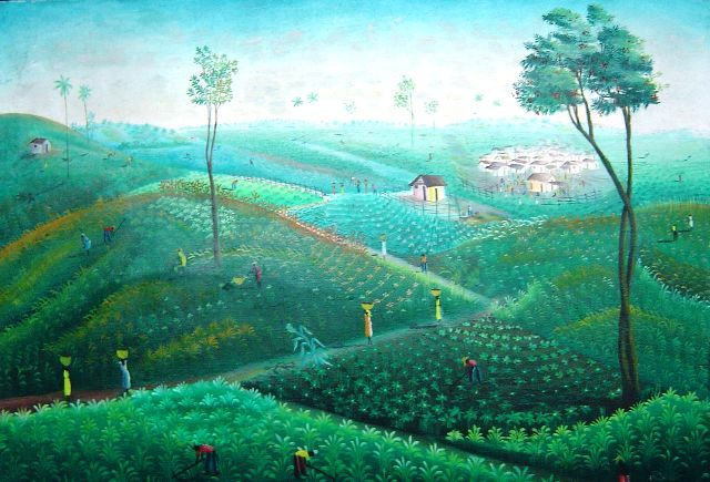 Primitive-style Haitian painting by Lamarre Sanon (born 1954, Jacmel), featuring simplified forms and a bold palette of red, yellow, and green.