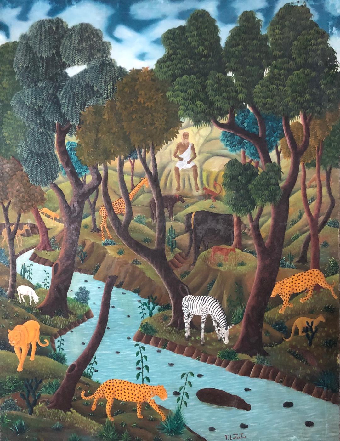 Franklin Latortue Haitian jungle painting with dense tropical foliage and vibrant primitive-style landscape, 20th century Haitian art.