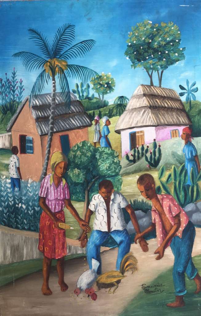 Louines Mentor Haitian painting colorful rural scene narrative composition