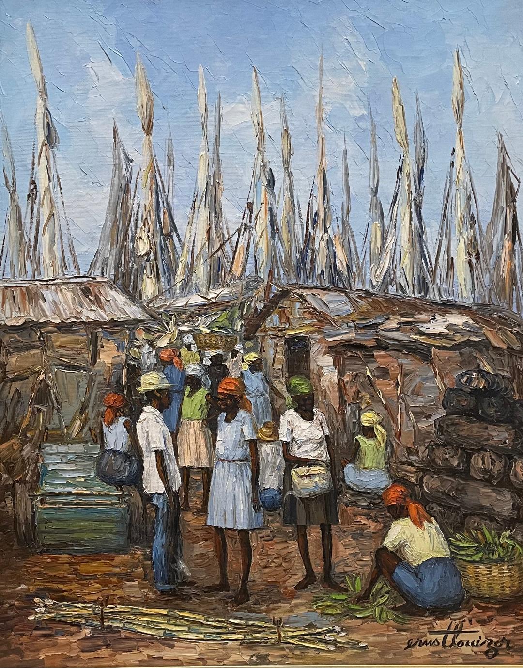 Haitian market scene painting featuring vendors, colorful goods, and lively village atmosphere