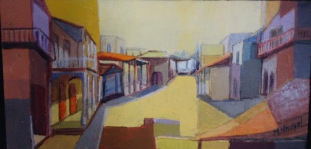 Haitian painting by Michèle Manuel (1935–2022) featuring strong draftsmanship, flat color without shading, and rhythmic composition inspired by Haitian daily life.