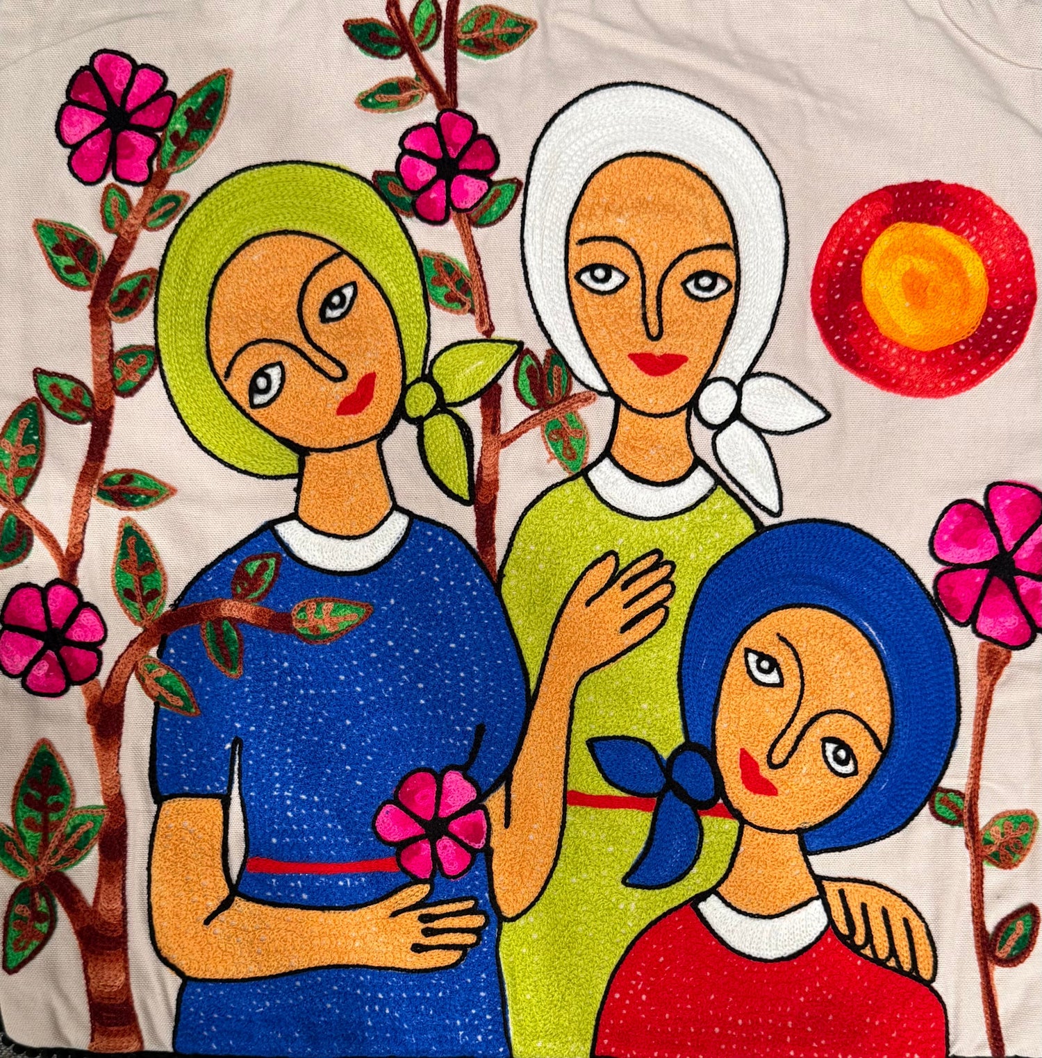 Three Women with Flowers | 18 x 18 in. Hand-Embroidered Cotton Cushion Cover