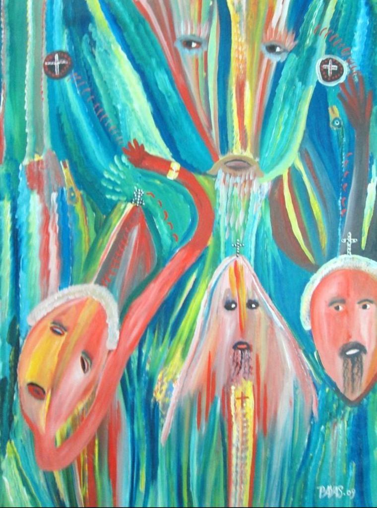 Pierre-Sylvain Augustin Payas Haitian painting Saint Soleil style spiritual composition oil on canvas