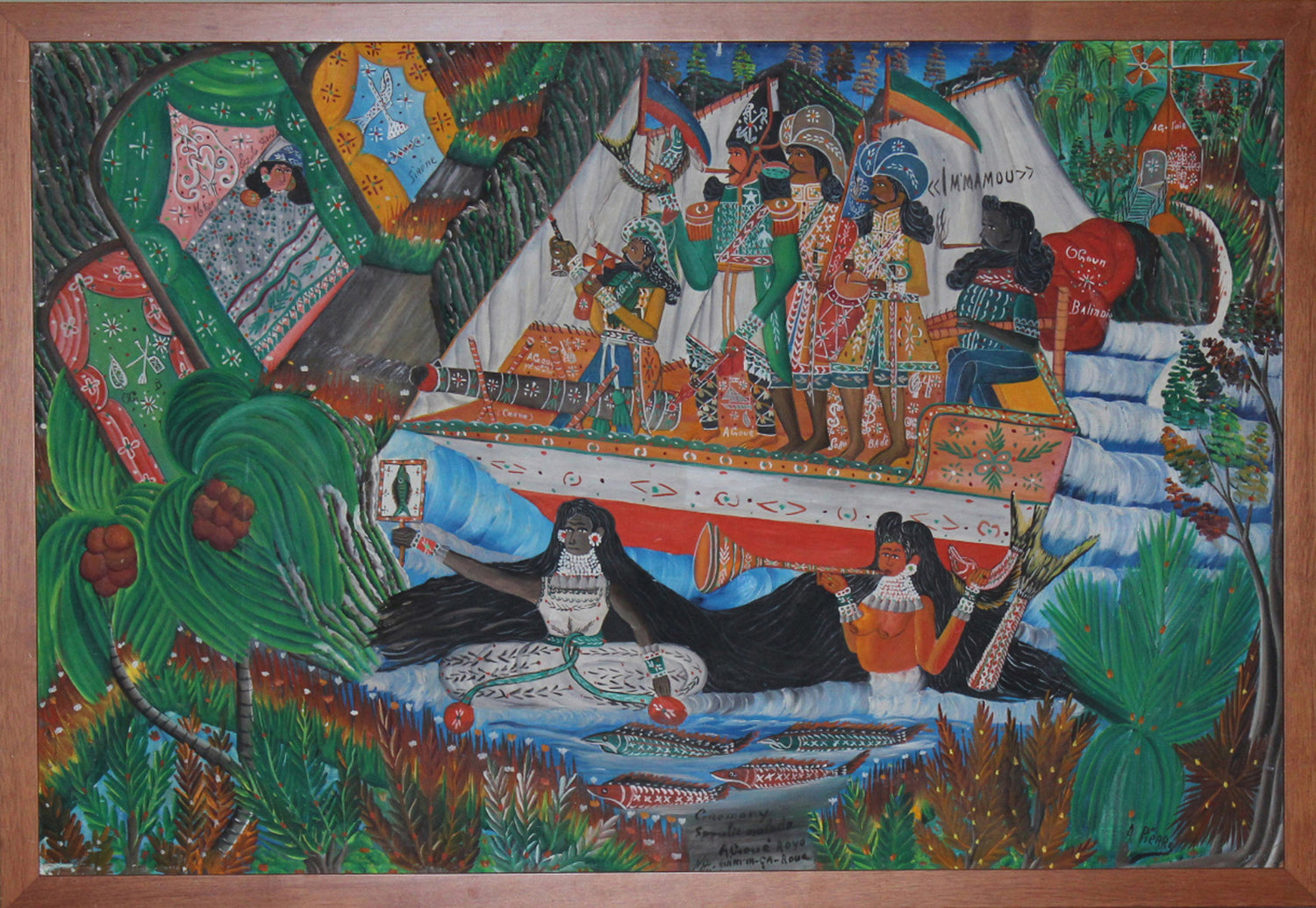 Painting by André Pierre, Haitian master known for vivid depictions of Vodou spirits, rituals, and sacred religious symbolism.
