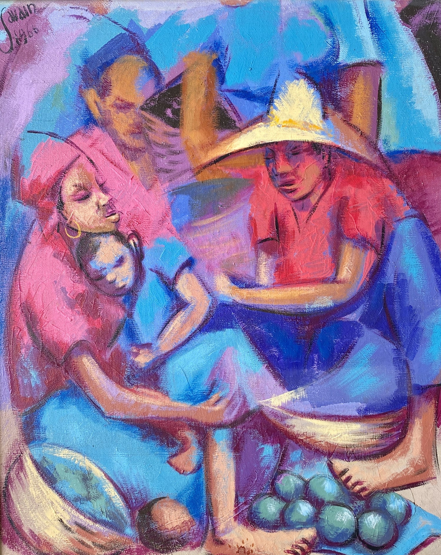 Pétion Savain Haitian painting, geometric composition, pink and purple palette, modernist style, seated figures, signed, COA included