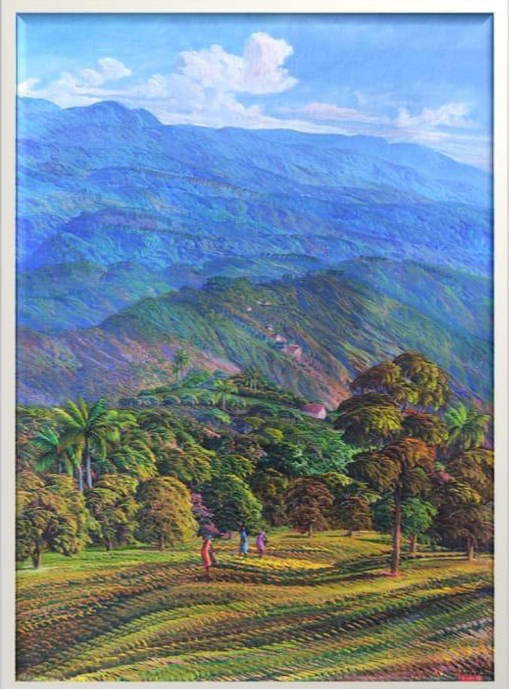 Haitian landscape painting by Jean-Adrien Seide (born 1956, Les Cayes), featuring structured fields, distant horizons, and rhythmic horizontal and vertical lines.
