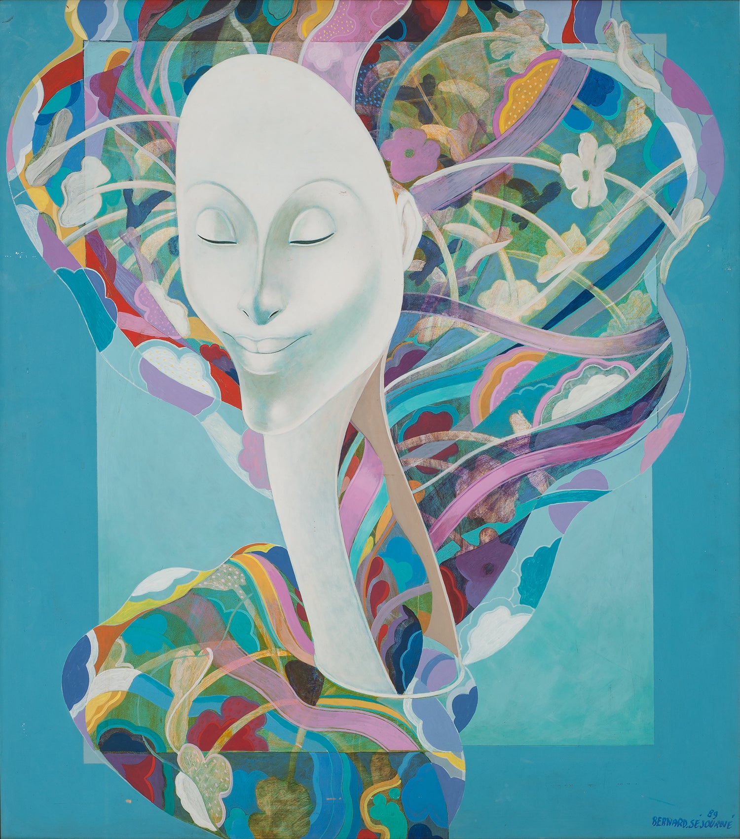 Bernard Séjourné Haitian painting of elegant female figure with flowing lines and vibrant tropical colors, School of Beauty artist (1947–1994).