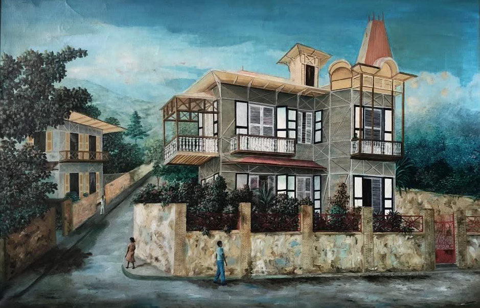 Galland Sémérand Haitian painting in Le Cap realism style, detailed narrative scene, Cap-Haïtien school, trained under Philomé Obin, artist (1953–2019).
