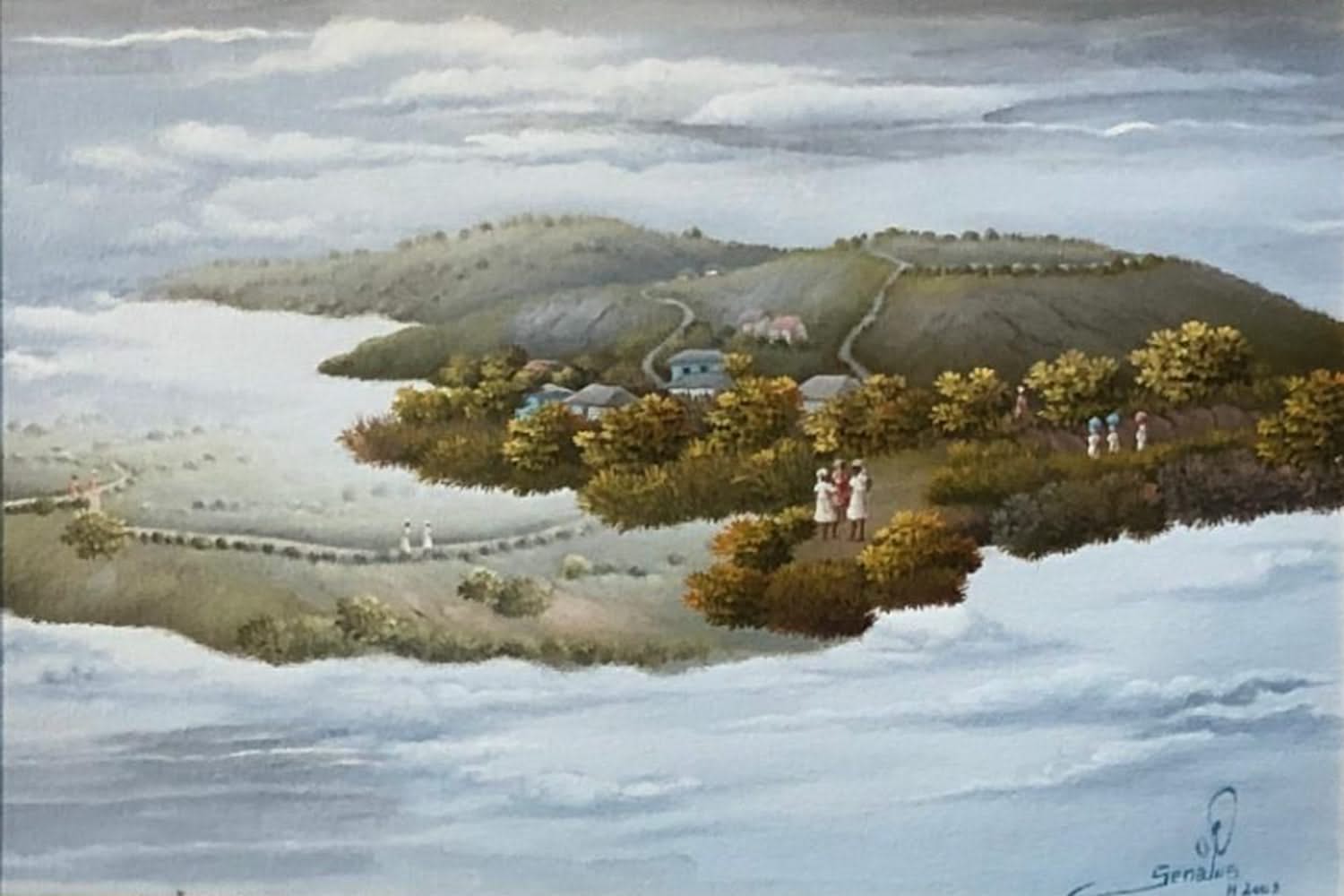 Jean-Louis Sénatus Haitian painting, dreamlike composition, soft color tones, atmospheric landscape, delicate brushwork, signed, COA included