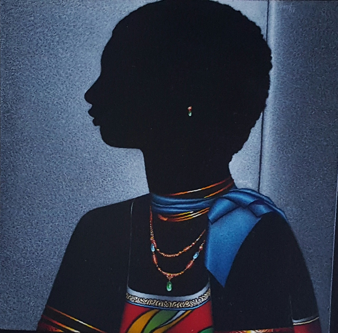 Emilcar Similien Simil Haitian painting, elegant female figure, gold jewelry, patterned composition, smooth acrylic surface, signed, COA included