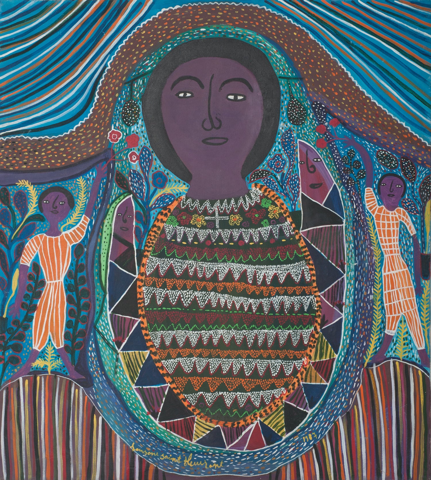 Louisane Saint-Fleurant Haitian painting, Saint-Soleil style, spiritual figures, vibrant colors, Vodou symbolism, signed, COA included