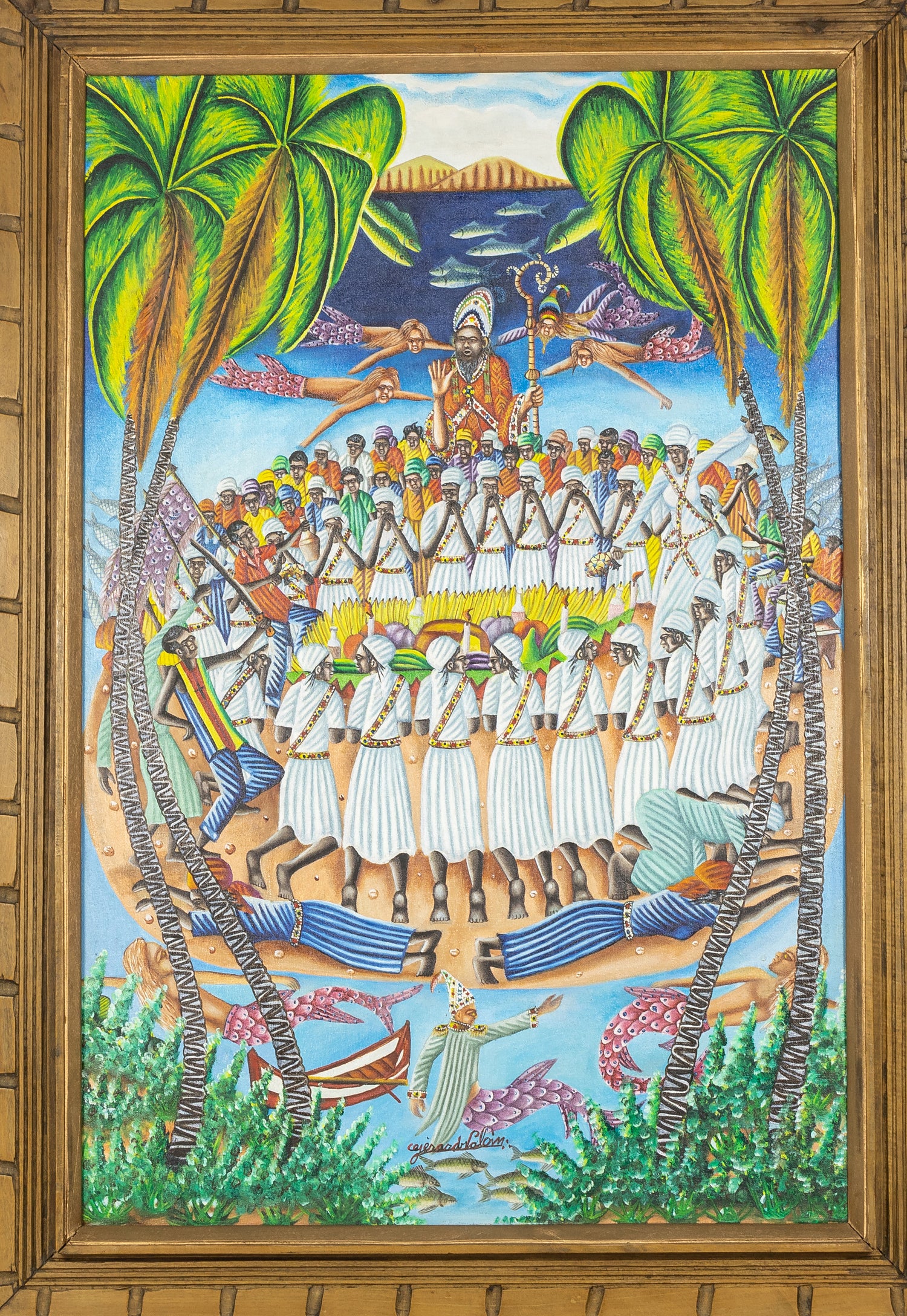 Gérard Valcin Haitian painting, Vodou ceremony, geometric composition, rhythmic figures, vibrant colors, signed, COA included