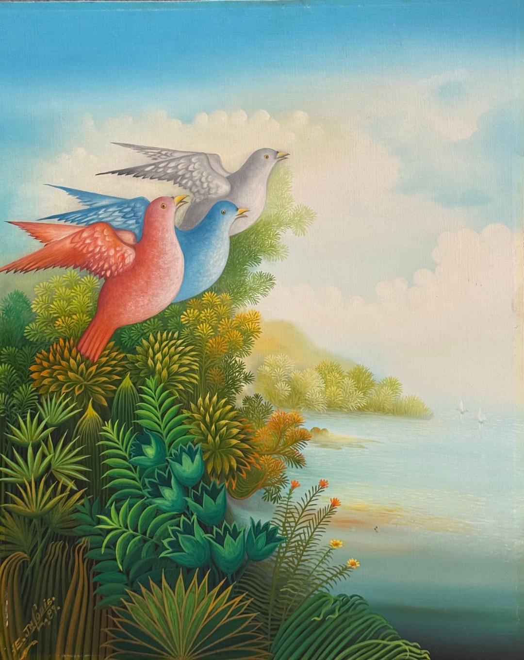 Haitian painting by Eric Jn-Louis (1957–2022), born in Jérémie, trained by Edgard Brierre, blending primitive roots with a modern style.
