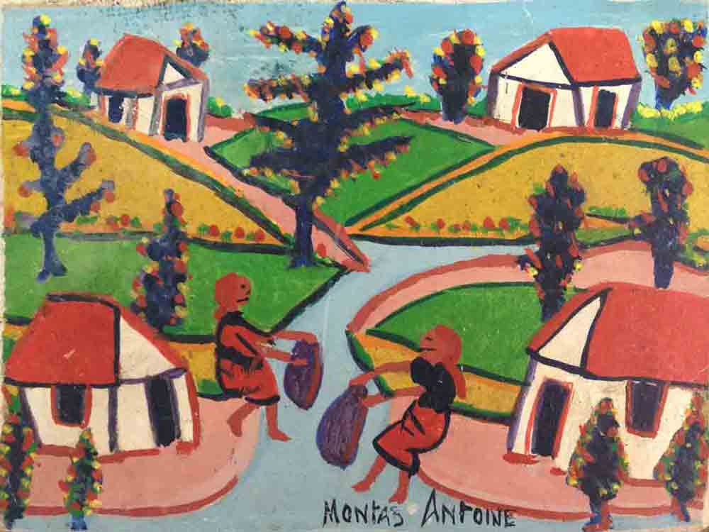 Montas Antoine Haitian painting Centre d’Art style mid century Haitian art oil on board