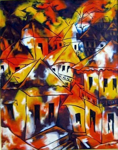Paul Beauvoir Haitian painting color composition orange blue tones figurative oil on canvas