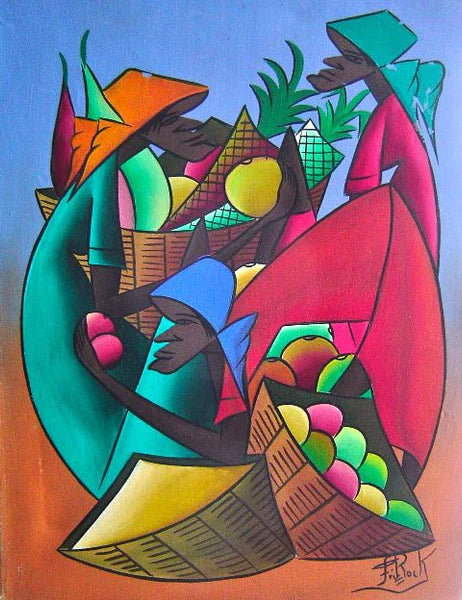 Fritz Rock Haitian painting with geometric figures and vibrant colors depicting market scene