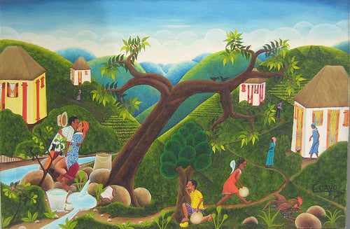Cayo Carrenard Haitian painting rural scene primitive style whimsical composition