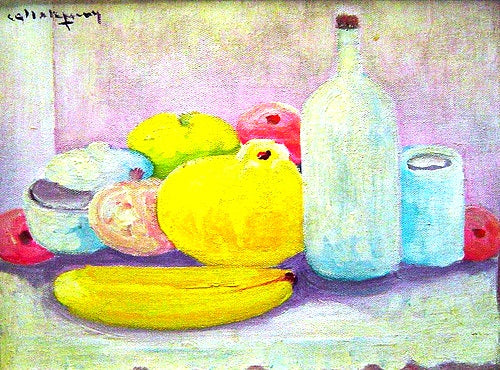 Haitian painting by Calixte Henry (1933–2010) featuring refined minimal line, razor-blade or knife technique, and a monochrome palette in greens or blues.