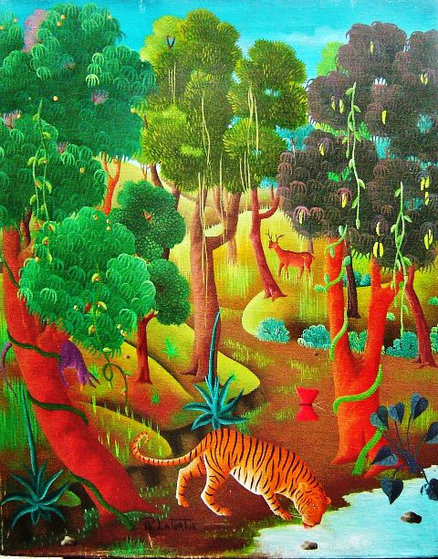 Painting by Philton Latortue, Haitian artist known for colorful, detailed landscape backgrounds and fine attention to natural scenery.