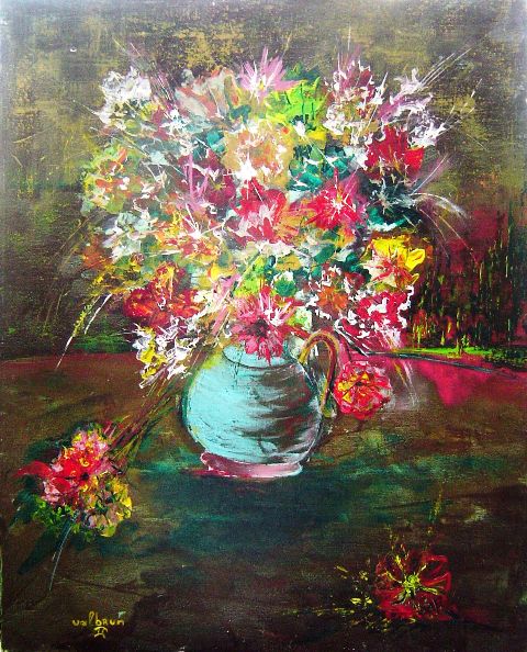 Abstract surrealist painting by Haitian artist Johnny Valbrun II featuring vivid colors, symbolic figures, and expressive Caribbean-inspired composition.