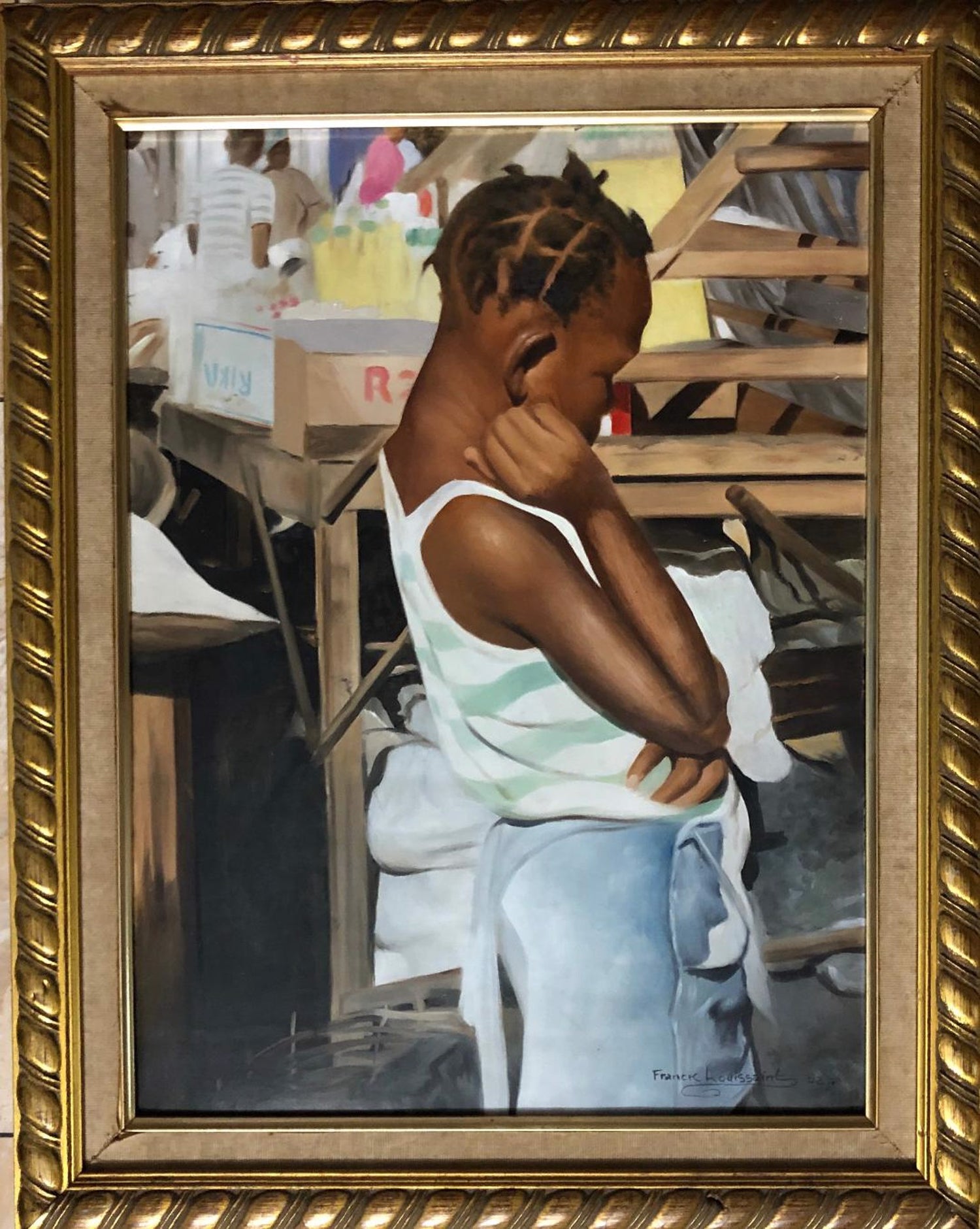 Franck Louissaint Haitian street scene painting with detailed realism, Centre d’Art artist (1949–2021).