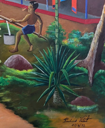 Pauleus Vital (Haitian, 1918-1984) 24"x30" Village Scene 1972 Oil on Board Vintage Painting #1MFN