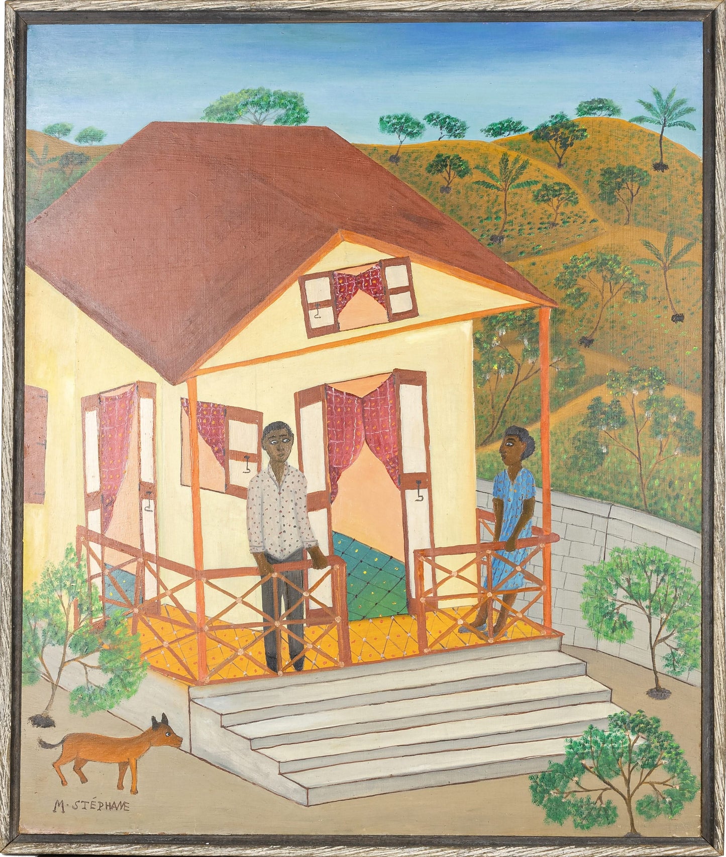 Micius Stephane (1912-1996) 24"x20" Couple on a Porch C1980 Oil on Board Framed Painting #3SS
