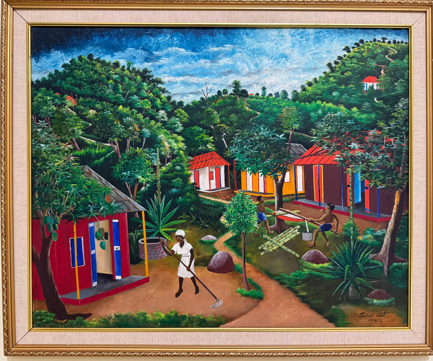 Pauleus Vital (Haitian, 1918-1984) 24"x30" Village Scene 1972 Oil on Board Vintage Painting #1MFN