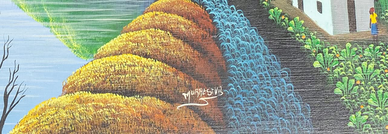 Murat Saint-Vil 19 ⅓" x23 ⅓" Homes and Islands Oil on Masonite Framed Painting #6SS