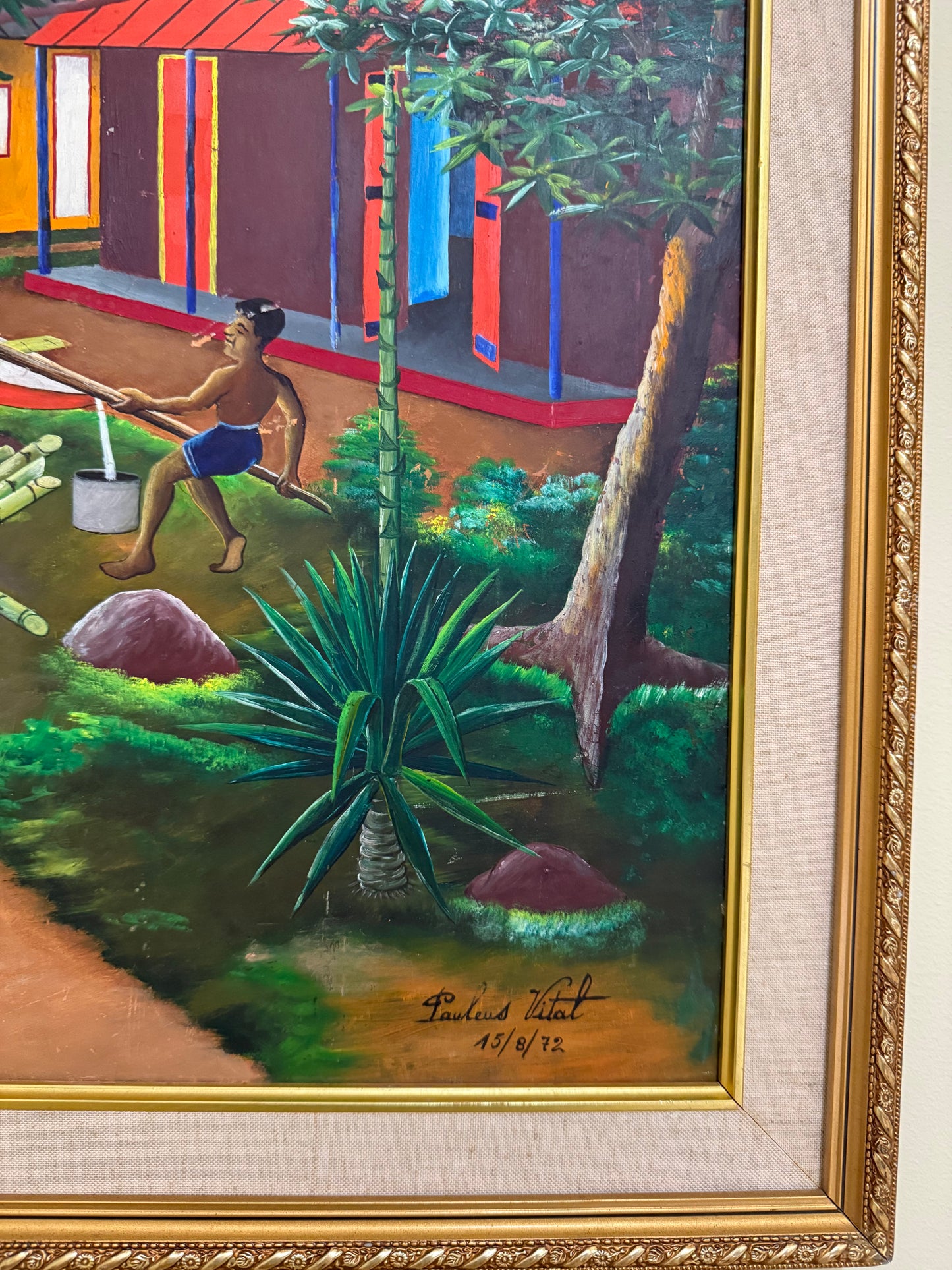 Pauleus Vital (Haitian, 1918-1984) 24"x30" Village Scene 1972 Oil on Board Vintage Painting #1MFN