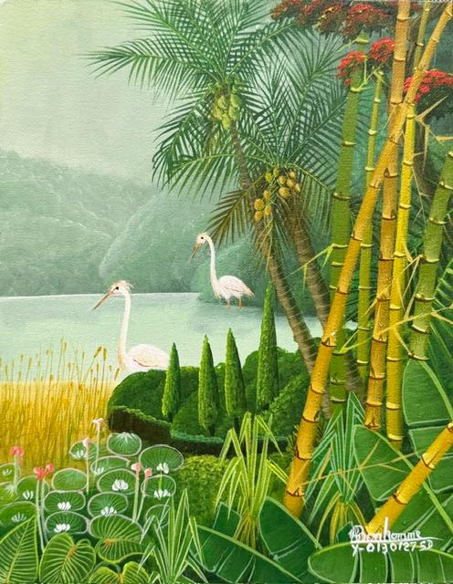 Albott Bonhomme original 16x12 acrylic painting of two egrets among palm trees, bamboo, and water lilies in a tropical Haitian landscape