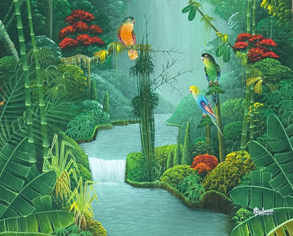 Albott Bonhomme painting 20x24" Two lovebirs and a parakeet 2025 acrylic on canvas painting #56MFN