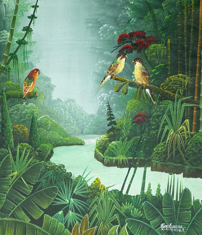 Haitian landscape painting by Albott Bonhomme depicting three birds above a calm river surrounded by dense tropical foliage, acrylic on canvas, 24 x 20 inches, signed and inscribed #x-013078A.