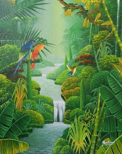 Vibrant tropical rainforest scene with birds and a waterfall.
