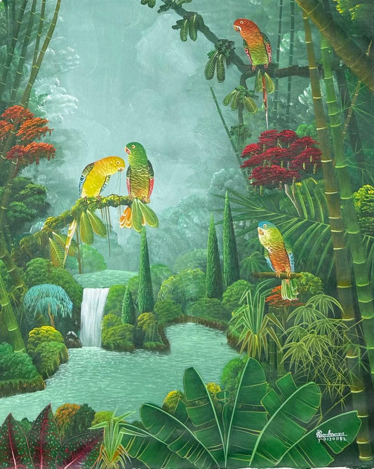 Albott Bonhomme 30"x24" Three Lovebirds and a Green Parrot with Red Beak 2025 Acrylic on Canvas Painting #58MFN