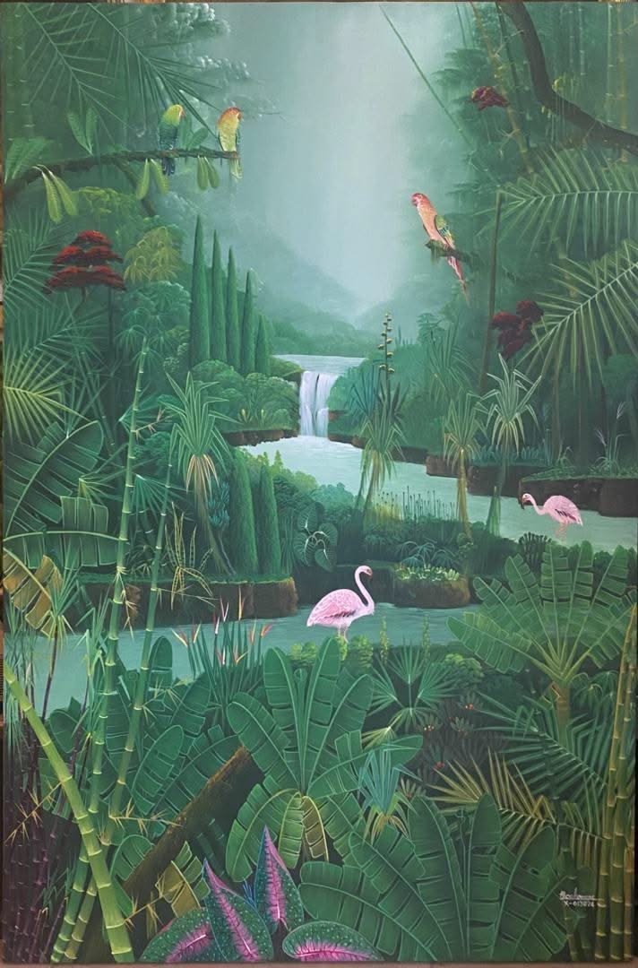 Albott Bonhomme 60"x40" Paradise with Parots and Pink Flamingoes 2024 Acrylic on Canvas Painting-Gallery Wrapped #1JN-HA