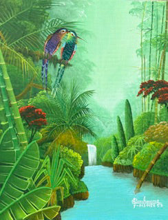 Albott Bonhomme original 16x12 acrylic painting of two colorful lovebirds perched above a tropical waterfall and stream