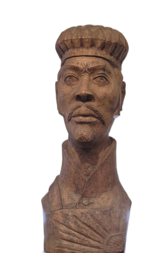 Andre Dimanche signed 1965 mahogany bust sculpture of King Henri Christophe, 30 by 12 by 11 inches, Haitian art carving