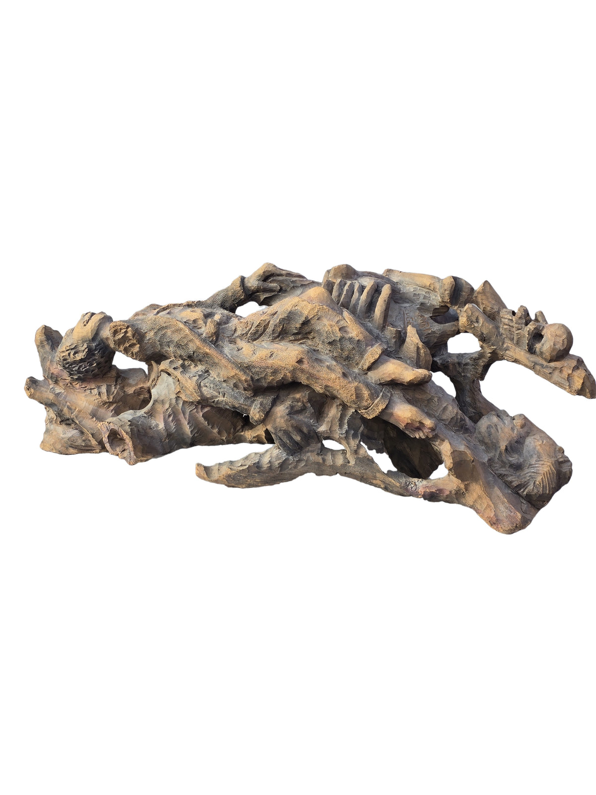 André Eugène carved wood sculpture "Zanset Bwa" depicting intertwined skeletal ancestral figures, Haitian wood carving