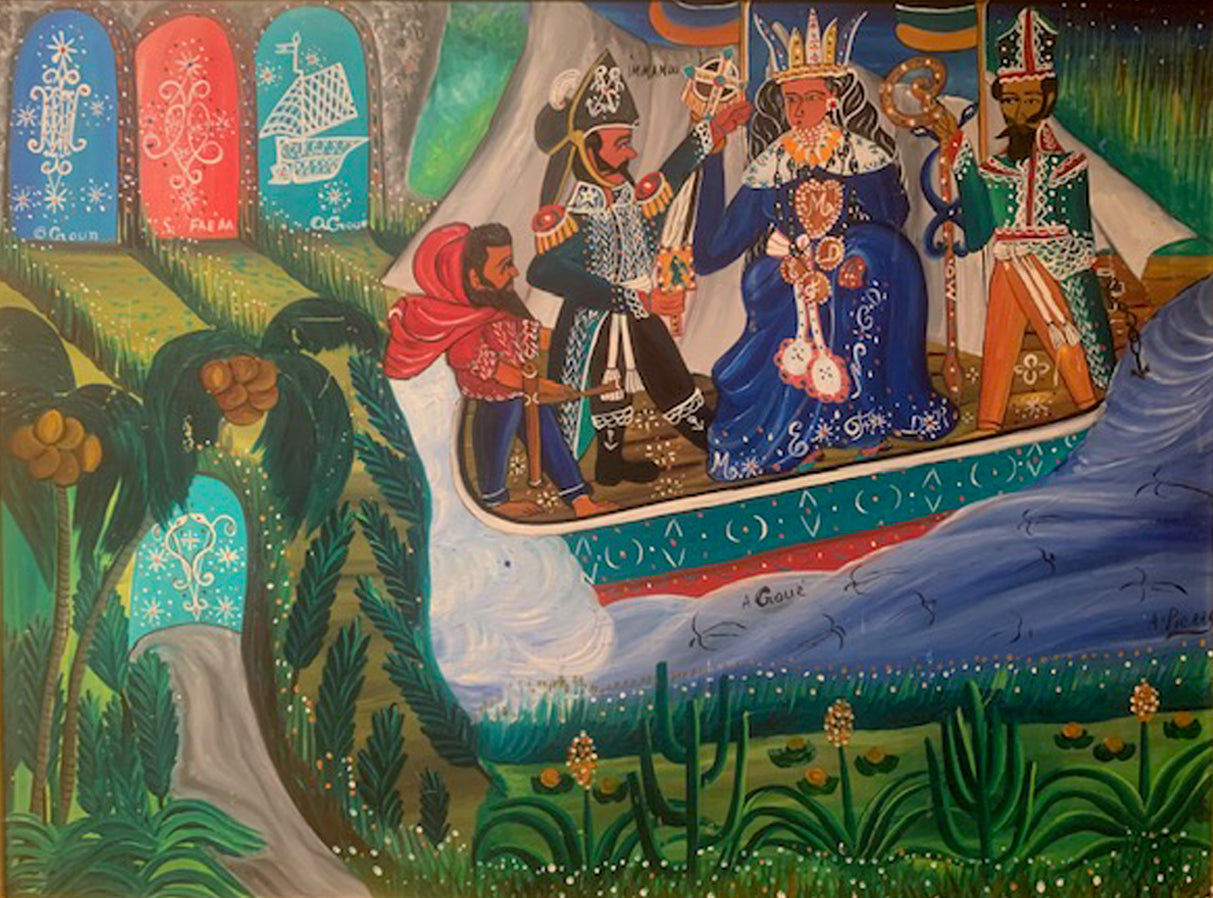 Colorful painting of a traditional scene with people in elaborate clothing on a boat.