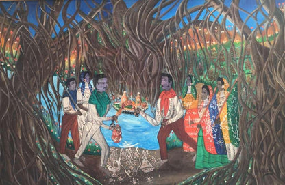 Andre Pierre (1914-2005) 24"x36" Ceremony by the River  c1970 Oil on Board Unframed Painting #2YN