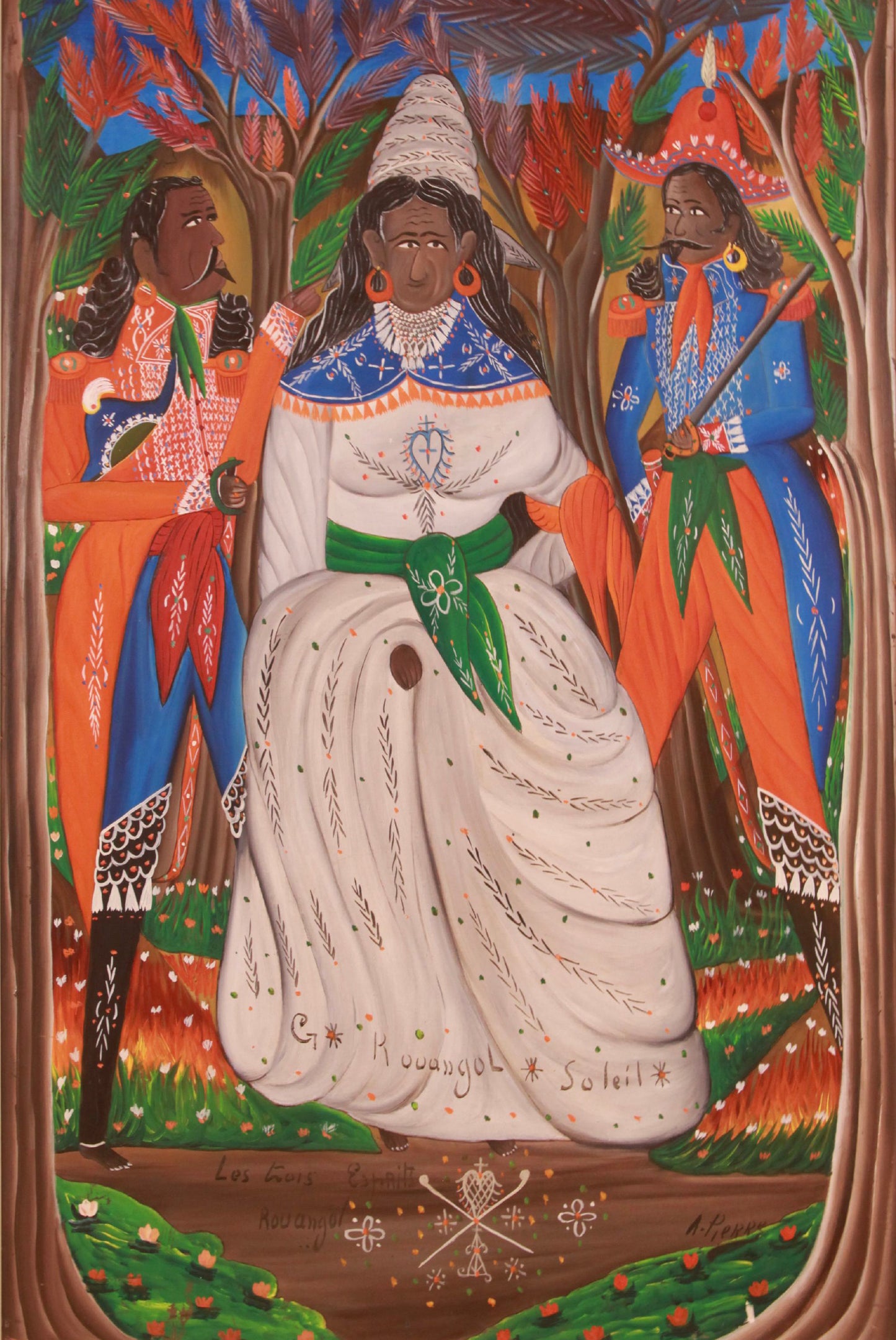 Traditional artwork of a central figure of the godess sun with two spirits, surrounded by colorful elements.